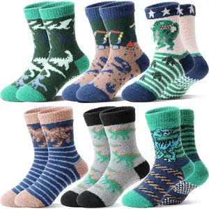 F-SOK09  Kids Boys Toddlers Fuzzy Slipper Socks with Grips Non Slip Warm Fluffy Winter Thick Fun Cozy Hospital Socks 6 Pairs