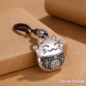 Unisex Chinese-Style Fortune Cat Key Accessory, Unique Cartoon Charm with Copper Coin Detail, Metal Coating Wood Pendant, Minimalistic Ethnic Fashion Jewelry Charm & Pendant