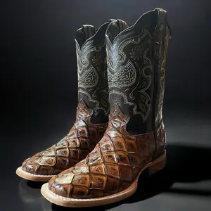 Men’s Piracucu Fish Skin Boots. Men’s Western Cowboy Boots. Brown Leather Boots for Men. Square Toe Cowboy Boots. Botas De Piel Pescado.