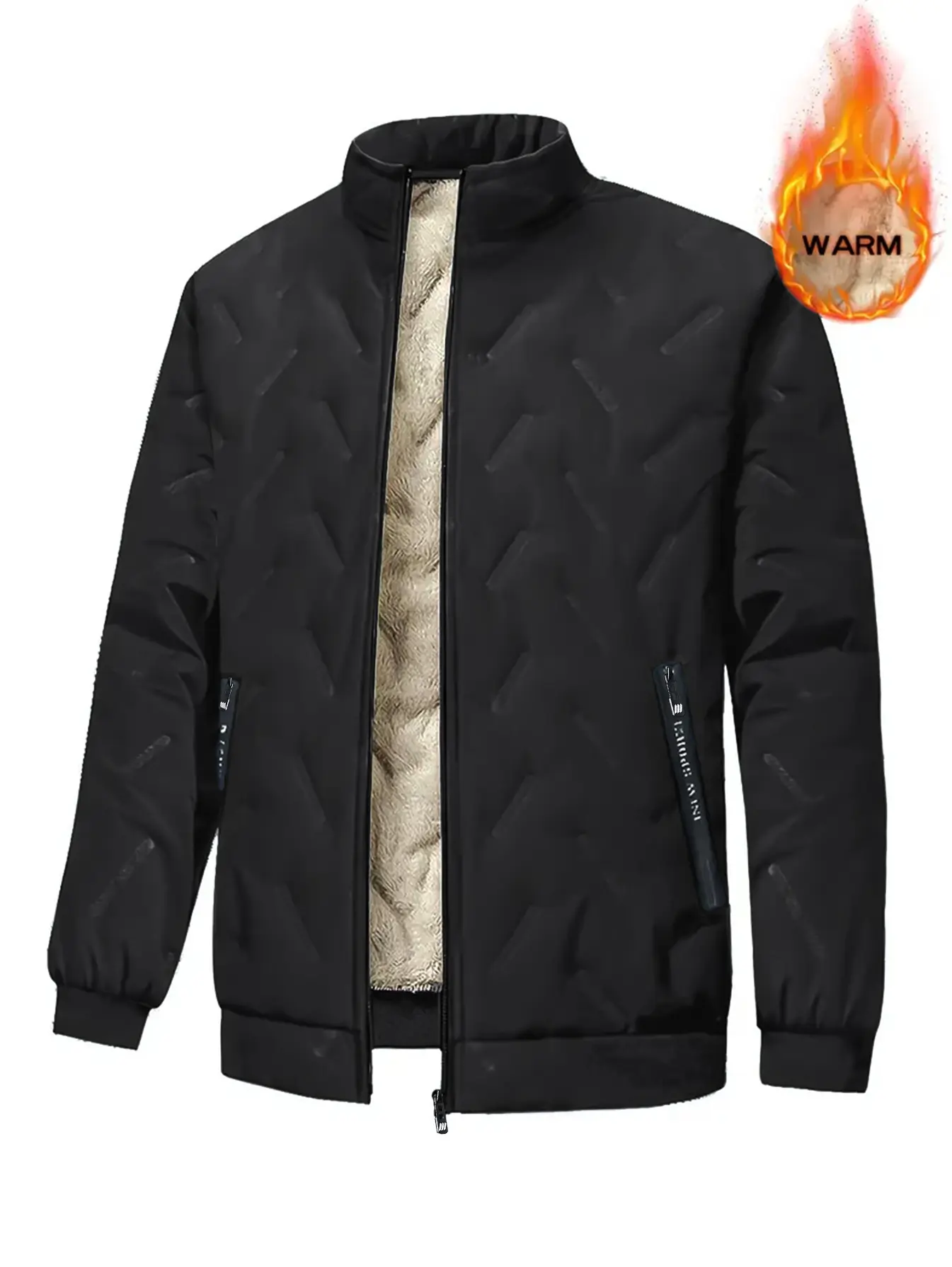 Men's Thick Winter Lamb Fleece Lined Jacket - Loose Cotton Outerwear with Layerable Design, Stitched Seams, Windproof Stand Collar, Fluffy Ribbed Fabric, Zipper, Pocket, Straight Hem for Sports, Casual Wear