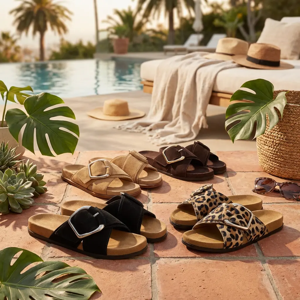 Women's Multi-Size Designer-Inspired Buckle Sandals - Wide Foot Friendly, Casual Flat Slides with Cushioned Bed, Hook Loop, Oversized Buckle for Beach Vacation & Daily Summer Wear, Sandals Women
