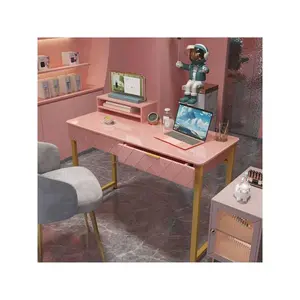 Modern Makeup Vanity Glossy Desktop Bedroom Home Office Writing Desk with Drawers Storage Shelf Gold Metal Frame for Dressing Table Without Mirror  Garage Storage