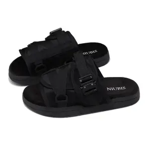 Men's Black Casual Strap Slide Sandals - Streetwear Open-Toe Slippers for Everyday & Summer Outfits