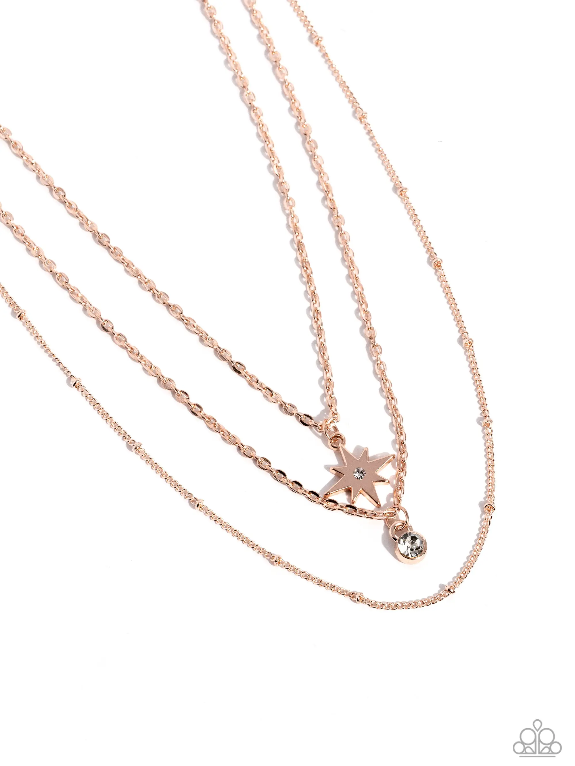 Trendy Twinkle - Layered Necklace, Three Mismatched Chains, Top Chain with Rhinestone Centered Star Charm, Middle Chain with Solitaire Rhinestone