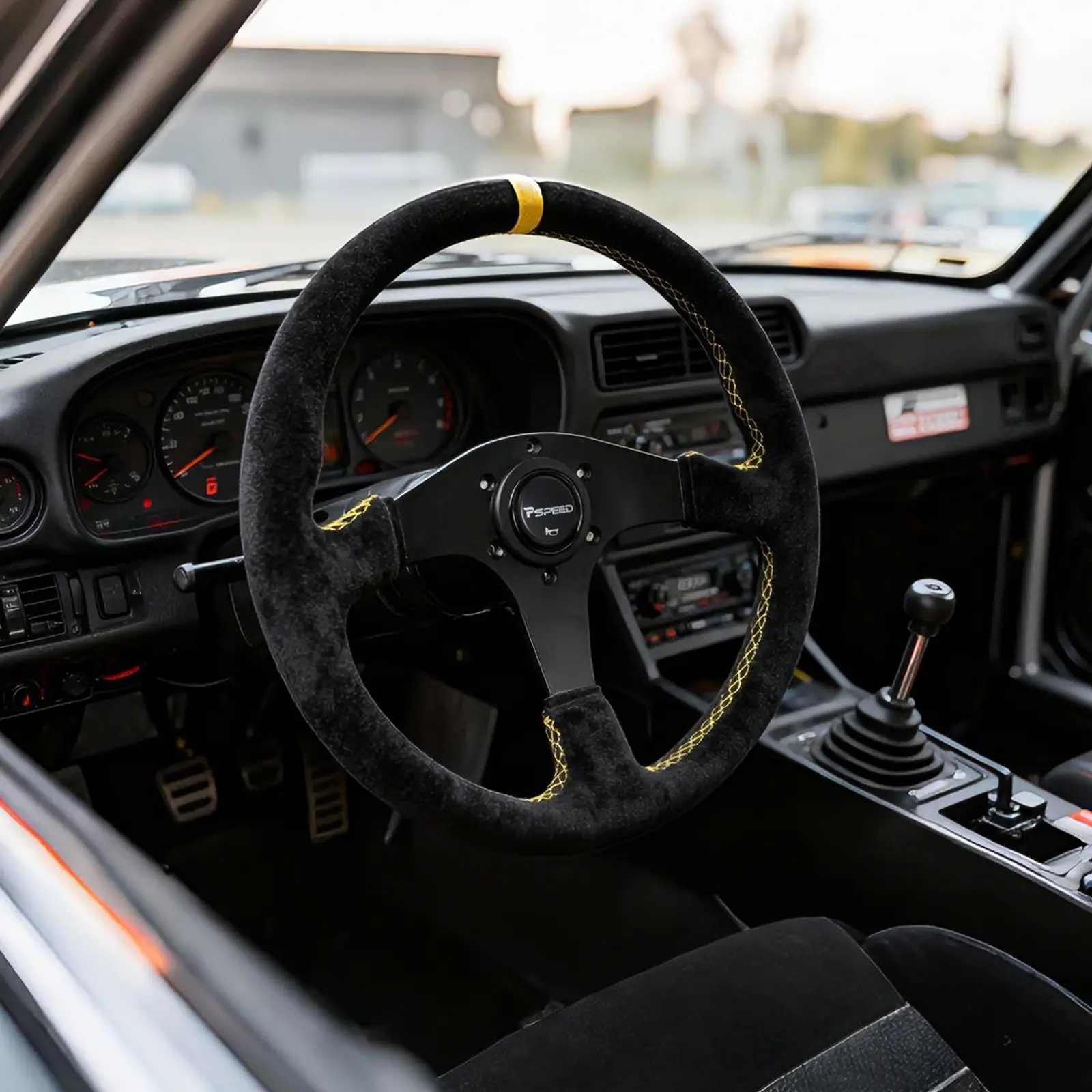 14” Universal Racing Steering Wheel,Genuine leather suede 6 Bolts 3 Spoke for Race/Rally/Motorsport/Car Sim Driving-With yellow positioning line with Horn Button 350mm Steering Wheel
