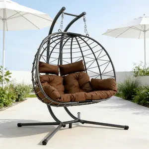 Viral Double Hanging Egg Chair With Stand, 2-Person Oversized Wicker Hammock Swing Chair With Thick Cushion, Loveseat Lounge Egg Chair for Indoor Bedroom Living Room Outdoor Patio Balcony Garden Backyard, Relaxing Rattan Swing Chair for Home