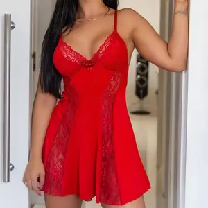 Women's Red Lace Cutout Detail and Back Tie Lingerie Dress with V-Neck and Sleeveless Design Sexy Loungewear