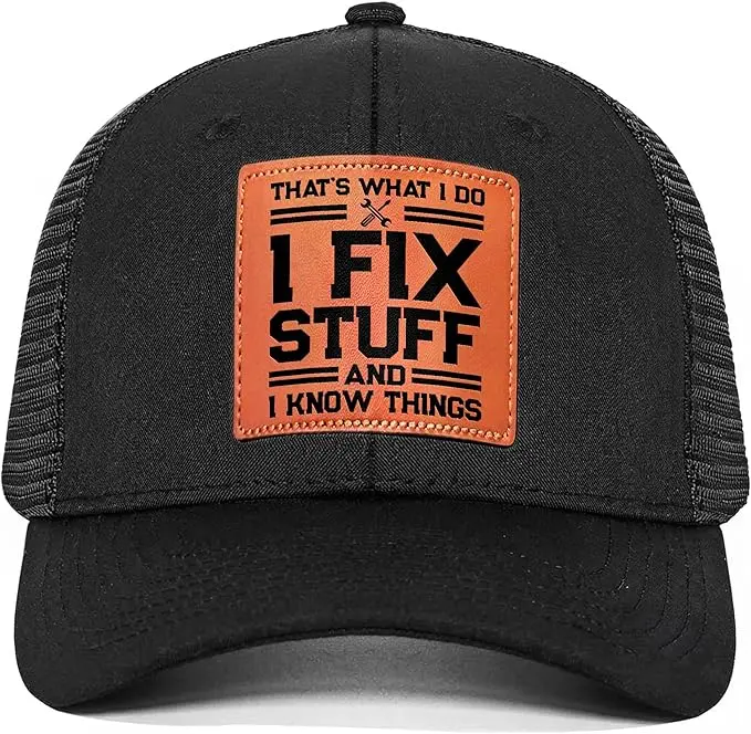 Men’s Black Trucker Hat – “I Fix Stuff” Funny Graphic Patch Cap, Adjustable Mesh Back Casual Dad Hat