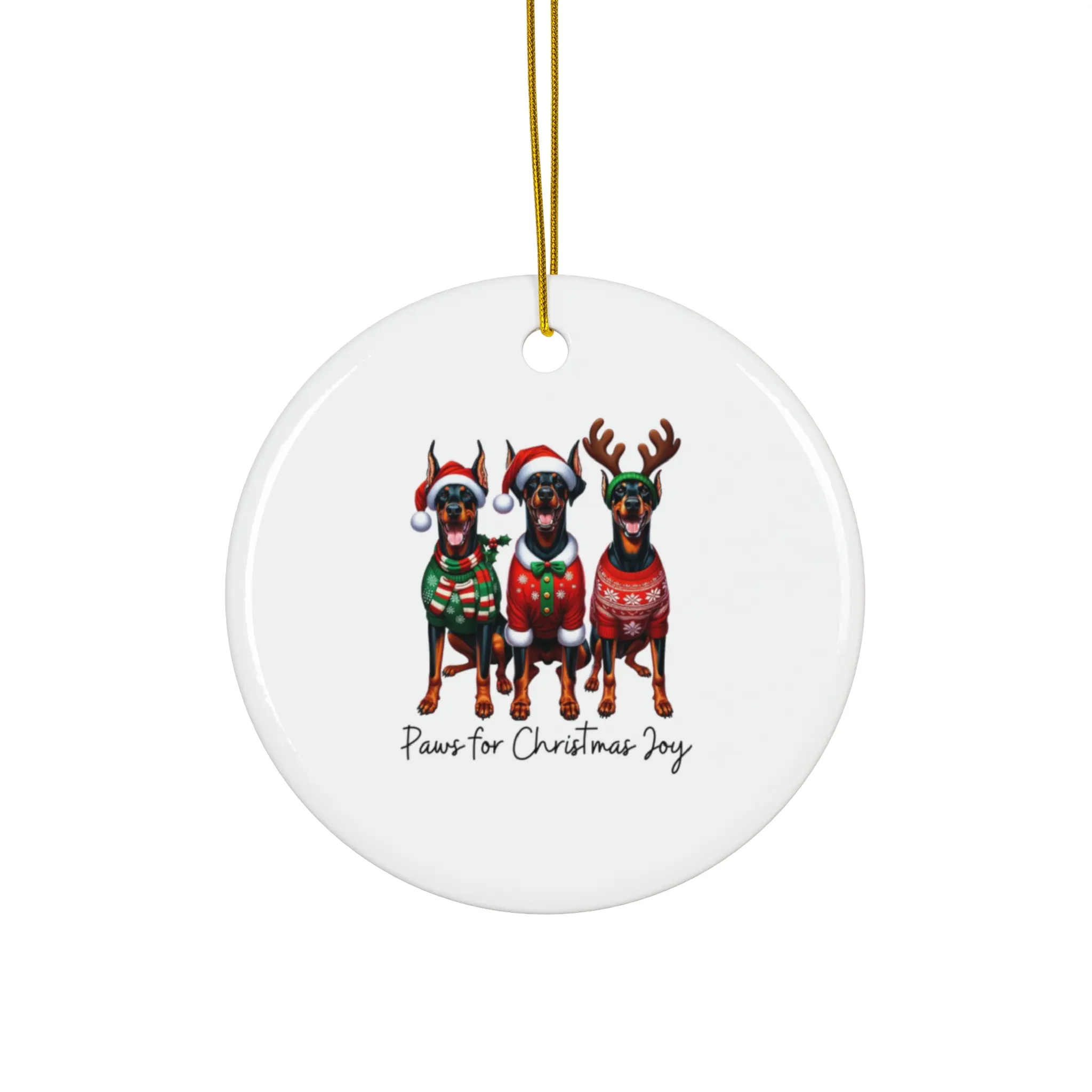 Ceramic Ornament with Custom Pet Names, Christmas Doberman, Paws for Joy, Holiday Decoration, Christmas Gift, Dog Lover Ornament, Christmas Tree vintage christmas decor Print Glossy