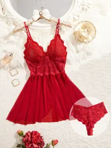 French Style Sexy Lace Fitted Sleepwear, Transparent Mesh, Includes Underwear, Home Bedroom Loungewear, Perfect Gift for Friends, Elegant Elegance