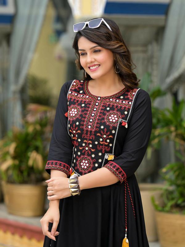 Juniper Women's Black Thread Embroidered Liva Rayon A-Line Dress With Tassel Kaudis & Doris At Waist