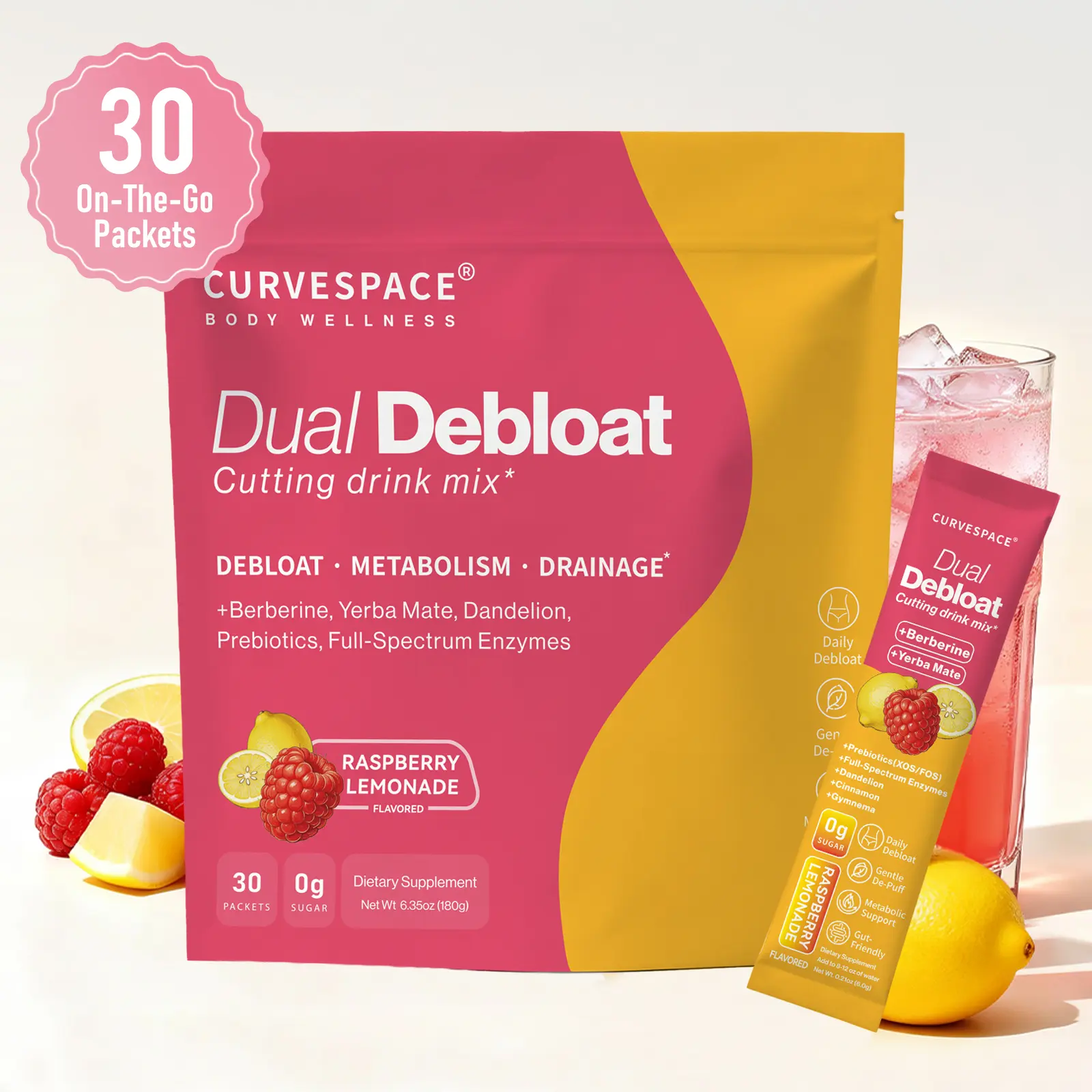 Curvespace Dual Debloat Cutting Drink Mix | Gut & Digestion Support with Berberine, Yerba Mate & Prebiotics (XOS/FOS), Digestive Enzymes & Gymnema, Dandelion, Cleavers,— Raspberry Lemonade, 0g Sugar, 30 Packets