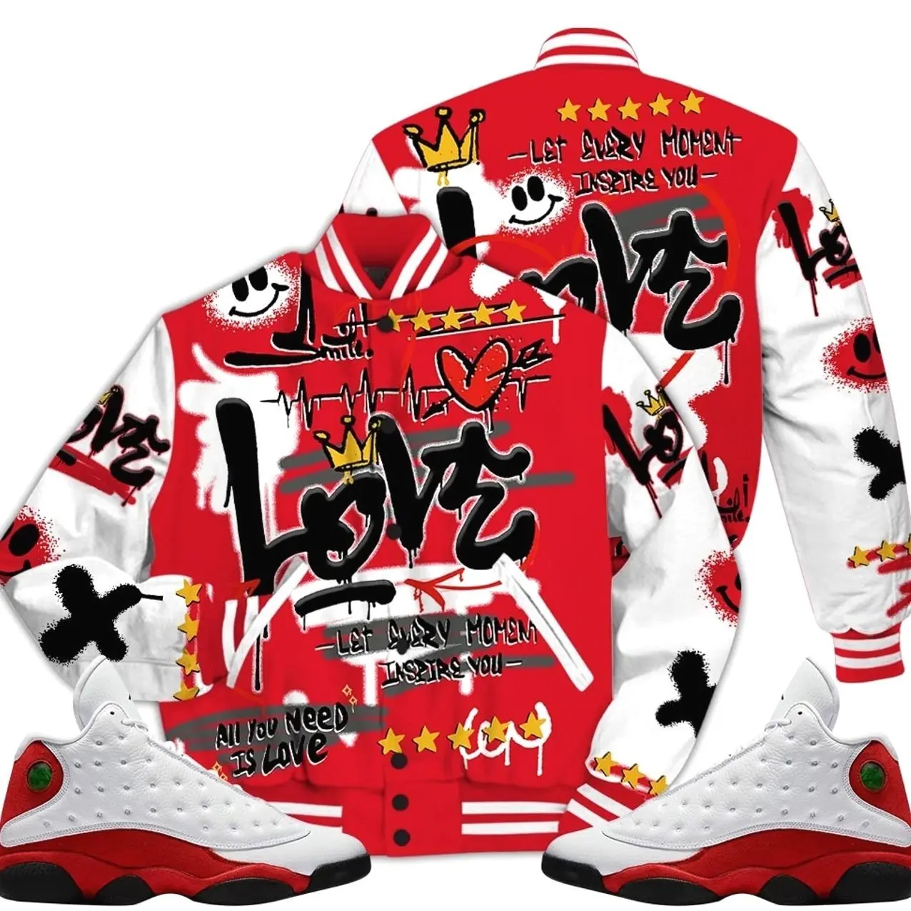 Retro 13 Chicago Varsity Jacket, Chicago 13s Outfits, Happy Love Beats Graffiti Outfits Streetwear Unisex Sneaker Matching Shirts