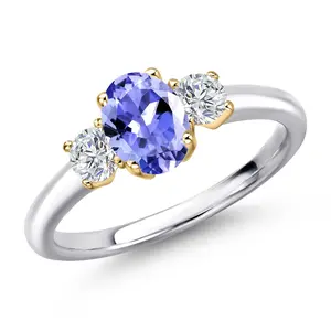 10K Two Tone Gold Blue Tanzanite and Lab Grown Diamond 3-Stone Engagement Ring For Women | 1.09 Cttw | Oval 7X5MM | Three Stone Wedding Engagement Anniversary Ring