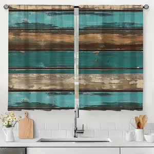 2pcs Retro Wood Plank Design Kitchen Curtains |   Semi-Sheer Polyester with Turquoise Blue & Rustic Brown Stripes, Machine Washable, Rod Pocket, Suitable for Kitchen, Living Room, Bedroom, Bathroom Decor casual home party decoration high ceiling