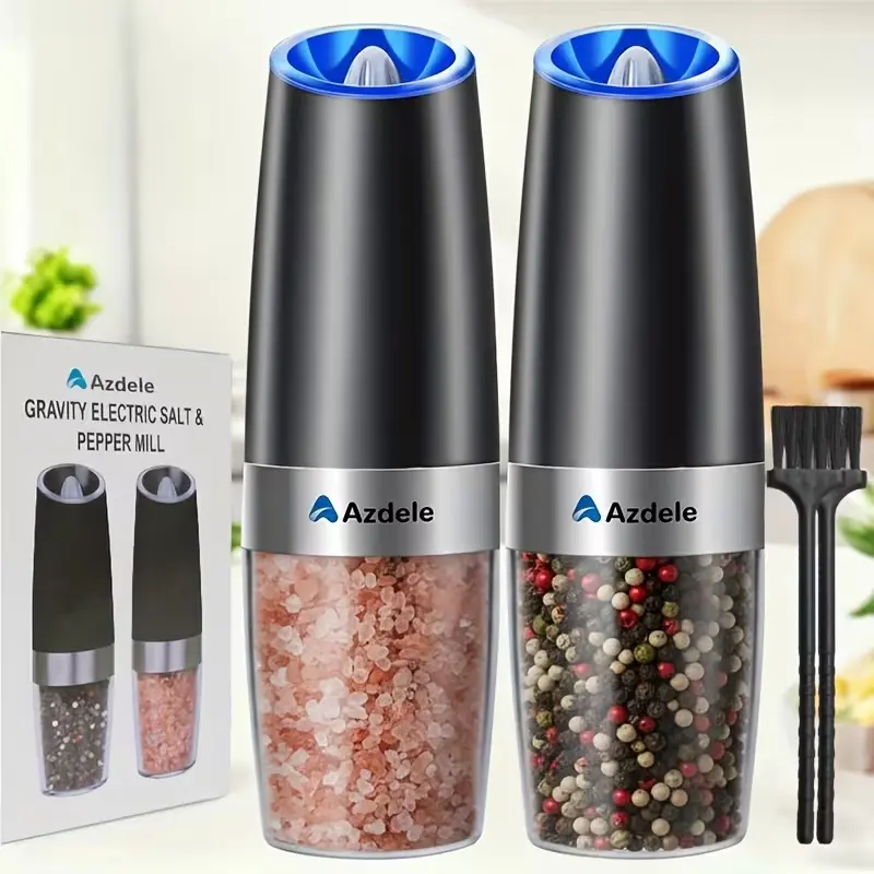 Azdele  2-Pack Electric Salt and Pepper Grinder Set, Automatic Operation, LED Indicator Light, Adjustable Coarseness, Large Capacity Spice Grinder- Heavy-Duty Electric Grinder, One-Button Operation, Battery-Powered- Ideal for Kitchen