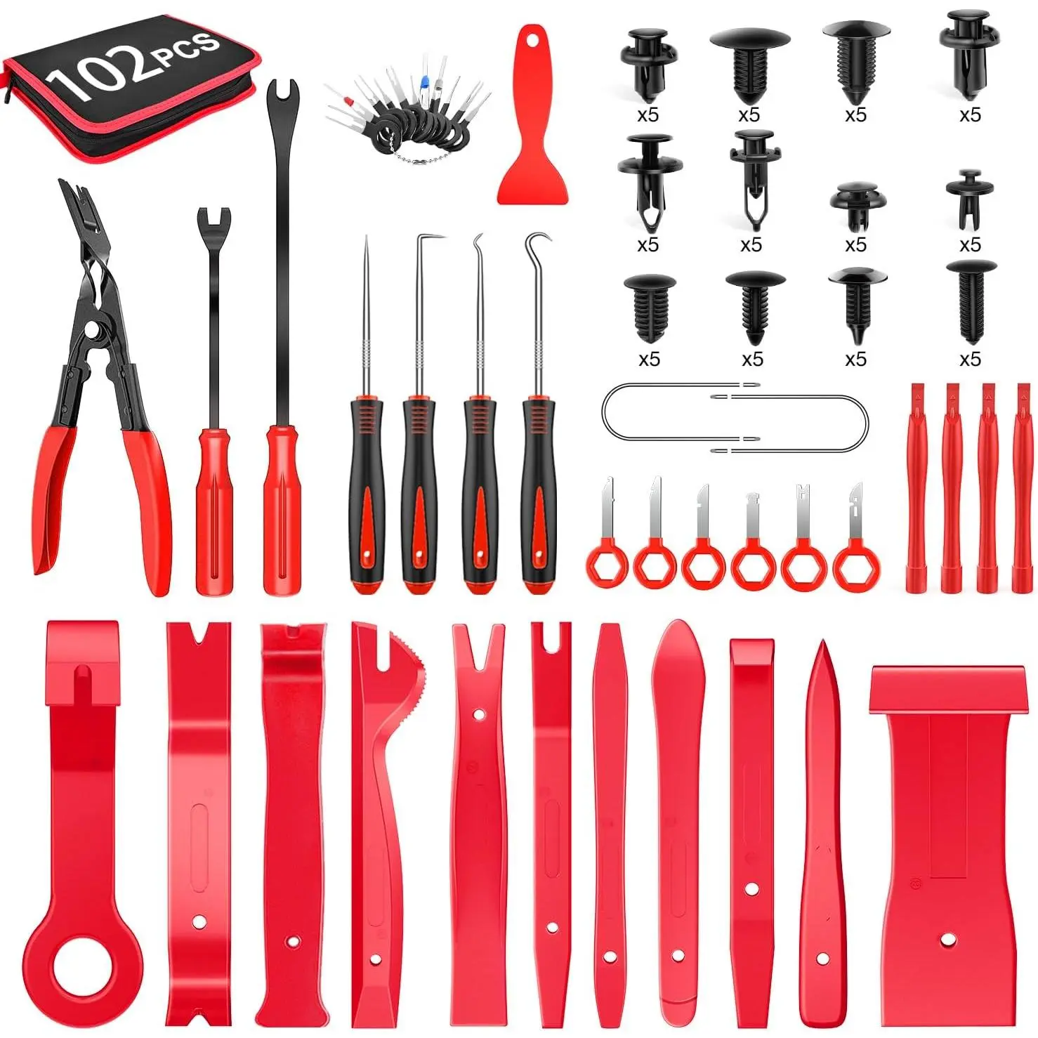 GOOACC 102Pcs Trim Removal Tool, Auto Terminal Removal Tool, Auto Clip Pliers Stereo Removal Tools, Car Upholstery Repair Pry Kit,Precision Hook and Pick Set, Round Handle Crowbar