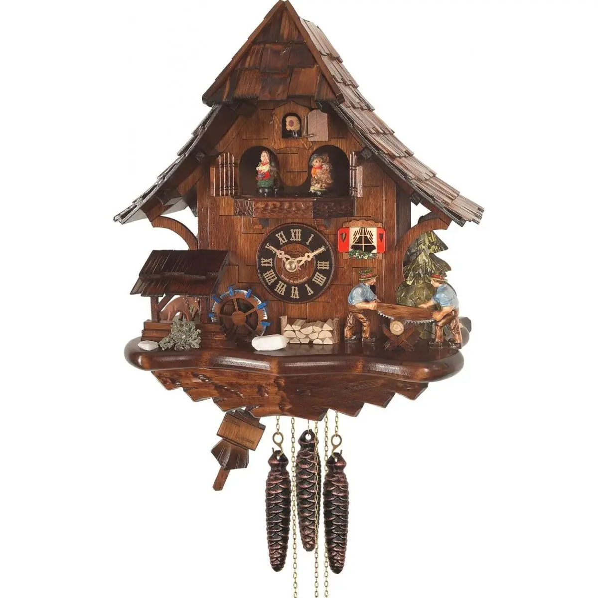 Engstler Battery-Operated Musical Cuckoo Analog Clock - Wood Cutters Themed, 13.50" H X 12.5" W X 6" D, Single Unit Time-Telling Home Decor for Unique Gadgets Lovers (Batteries Not Included) with Waterwheel, C