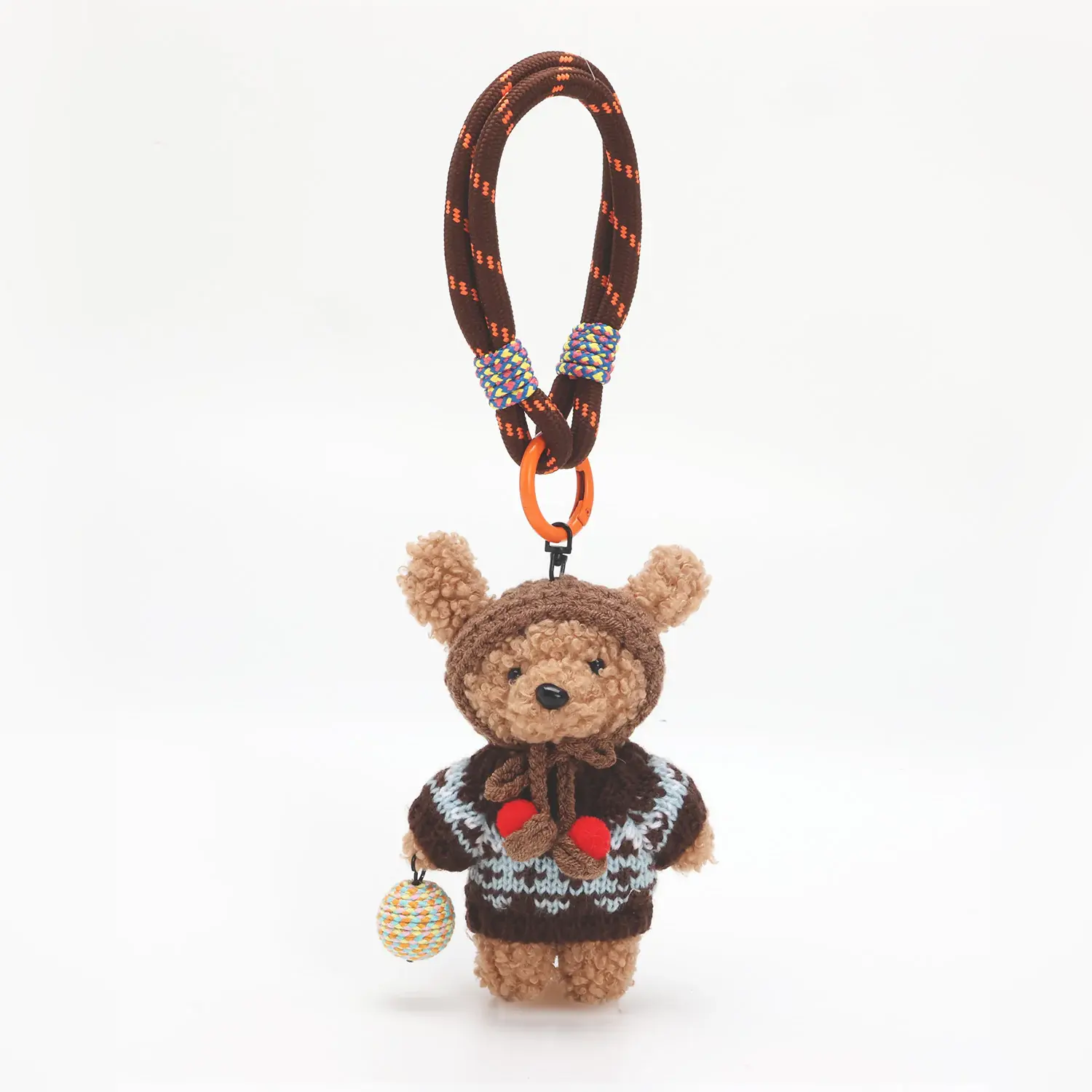 Teddy Huggy 5.9-Inch Coffee Brown Stuffed Teddy Bear Plush Keychain, Patterned Knit Sweater with Pom-Poms, Wristlet Strap, Bag & Phone Fashion Accessory