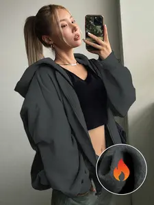 Women's Solid Color Zipper Hoodie Jacket Coats, Casual Minimalist Style Long Sleeve Drawstring Design, Lightweight Pocket Sweatshirt for Daily Wear