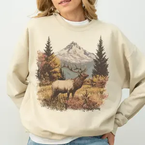 Retro Elk Unisex T-Shirt Vintage Fall Hunter Scene Unisex T-Shirt 90s Bull Forest Nature Outfit Crewneck Americana Nostalgia Elk Deer