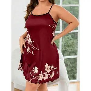 Women's Plus Elegant Nightdress, Plus Size Floral Print Round Neck Lettuce Trim Cami Sleep Dress