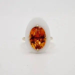 Natural Citrine Porcelain Egg Ring in 14K Yellow Gold | Statement Cocktail Ring | November Birthstone
