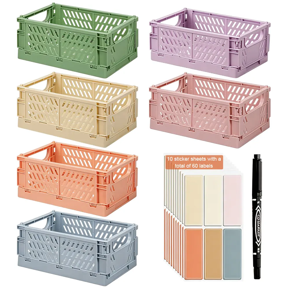 6-Pack Durable ABS Plastic Collapsible Crate Set, Folding Storage Basket with Handle for Shelf Organization, Home Kitchen & Bathroom Use, Housewarming Gift Specialty Kitchen Utensils Organizer, Colorful, Home Supplies, Loved One