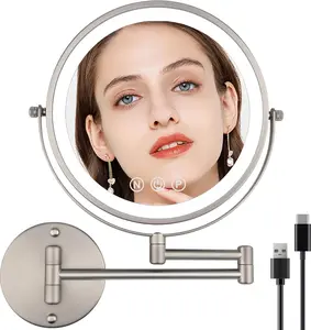 9" Wall Mounted Lighted Makeup Mirror with Magnification, 1X/10X Magnifying Mirror with Light, 3 Color LED Dimmable 2000mAh Rechargeable Light Up Magnifying Mirror Nickel Extendable