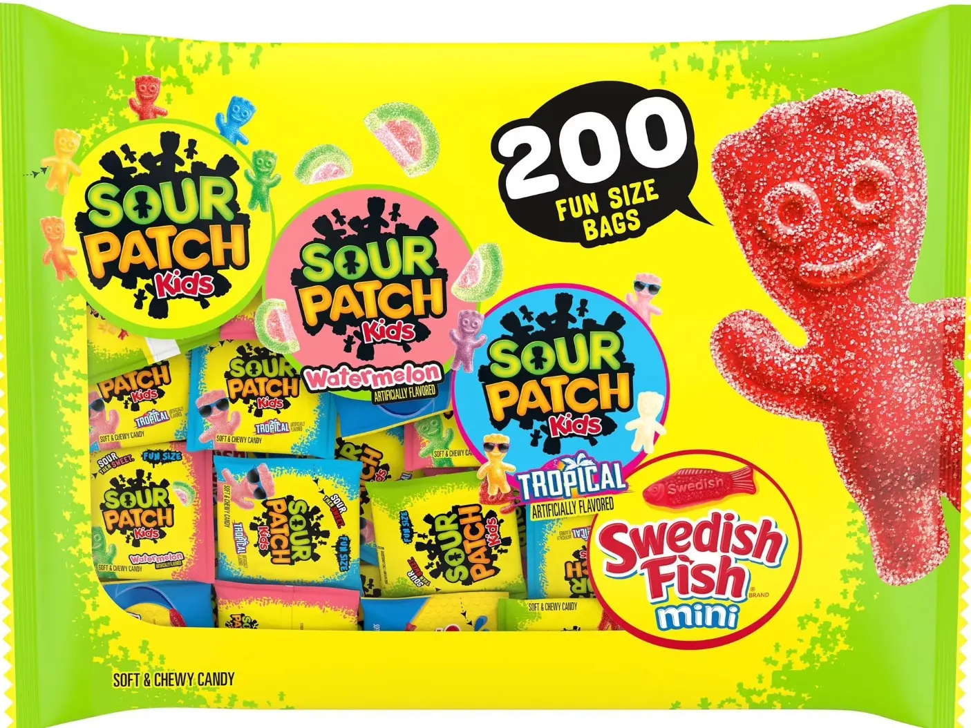 200-Count! SOUR PATCH KIDS & SWEDISH FISH Soft Sweet Snack Variety Pack, Fun-Size Fruit & Chewy Candy Individually Wrapped