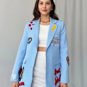 Light Blue Blazer with Heart and Eye Embroidery for Women's Fashion