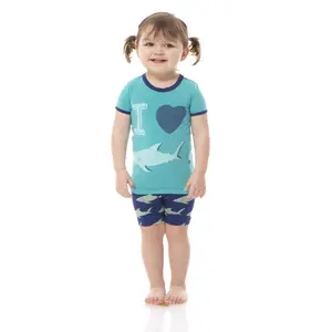 Short Sleeve Graphic Tee Pajama Set with Shorts in Flag Blue Sharky