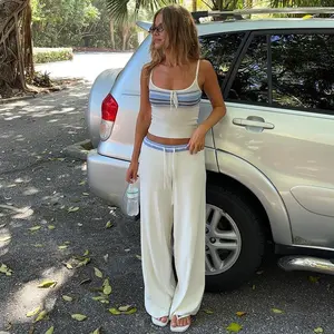 Women’s Summer Vintage Striped Casual Two-Piece Set: Knitted Camisole Top with Color-Block Loose Tie Pants
