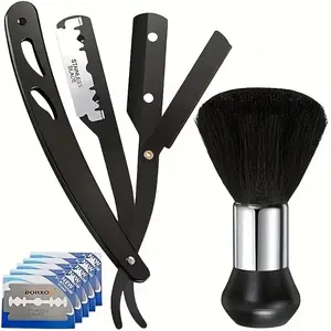 1 Set Of Men's Straight Handle Hair Clipper Steel Shaver, Stainless Steel Shaver Blades, Folding Shaver Hair Removal Tool, with 10 High-quality Double-edged Blades And Neck Dust Removal Brush