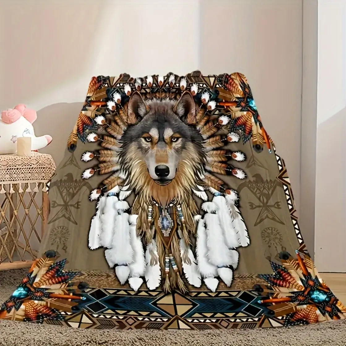 Native Indian Blanket, Wolf Feather Print Flannel Blanket, Soft Warm Throw Blanket Nap Blanket For Couch Sofa Office Bed Camping Travel, Multi-purpose Gift Blanket  gift Dream Weave Home