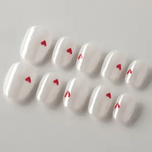 White Press On Nails with Red Hearts, Cute Valentine’s Day Fake Nails, Handmade Glue On Nail Set, Reusable Romantic Art Nails