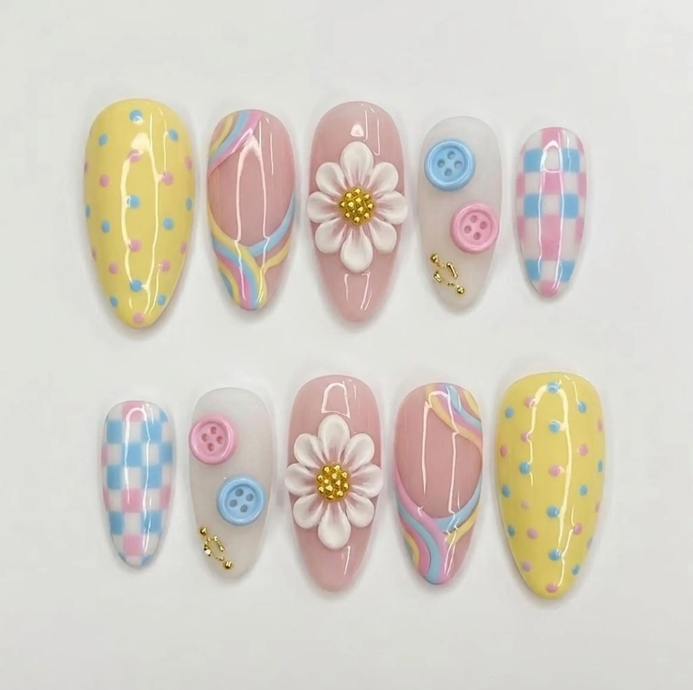 Handmade Pastel Press On Nails, 3D Daisy Nail Set, Rainbow Swirl & Polka Dot Art, Playful Nails For Sweet Colorful Vibes