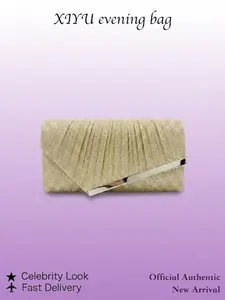 Champagne Gold Glitter Evening Clutch, Ruched Envelope Purse with Silver Color Trim, Perfect Gift for Bridal Shower, Birthday, Mother's Day