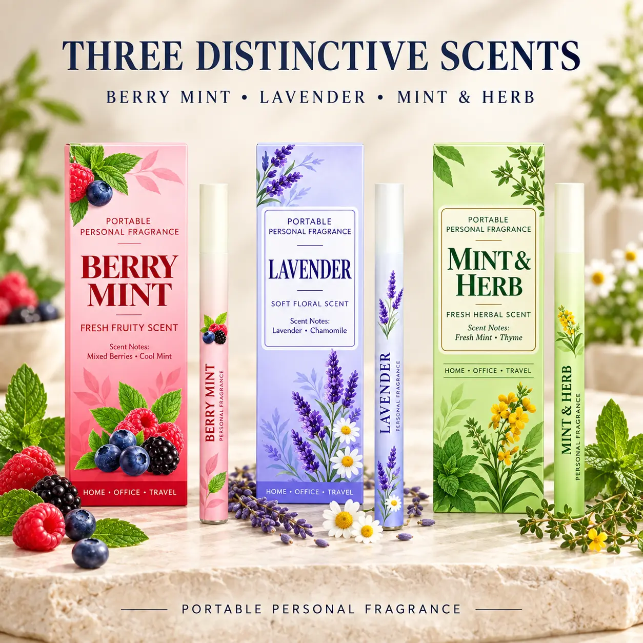 HERVOW Personal Fragrance Set - Vitamin C Scented Refills, 3-Refill Compact Travel Home Office Aroma, Berry Mint Lavender or Mint & Herb Options, Portable Botanical Fragrance for Personal Spaces