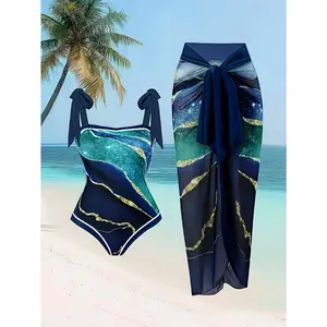 Women's two-piece swimsuit set, dark blue gold-plated printed skirt, hot spring swimsuit, beach swimsuit, women's