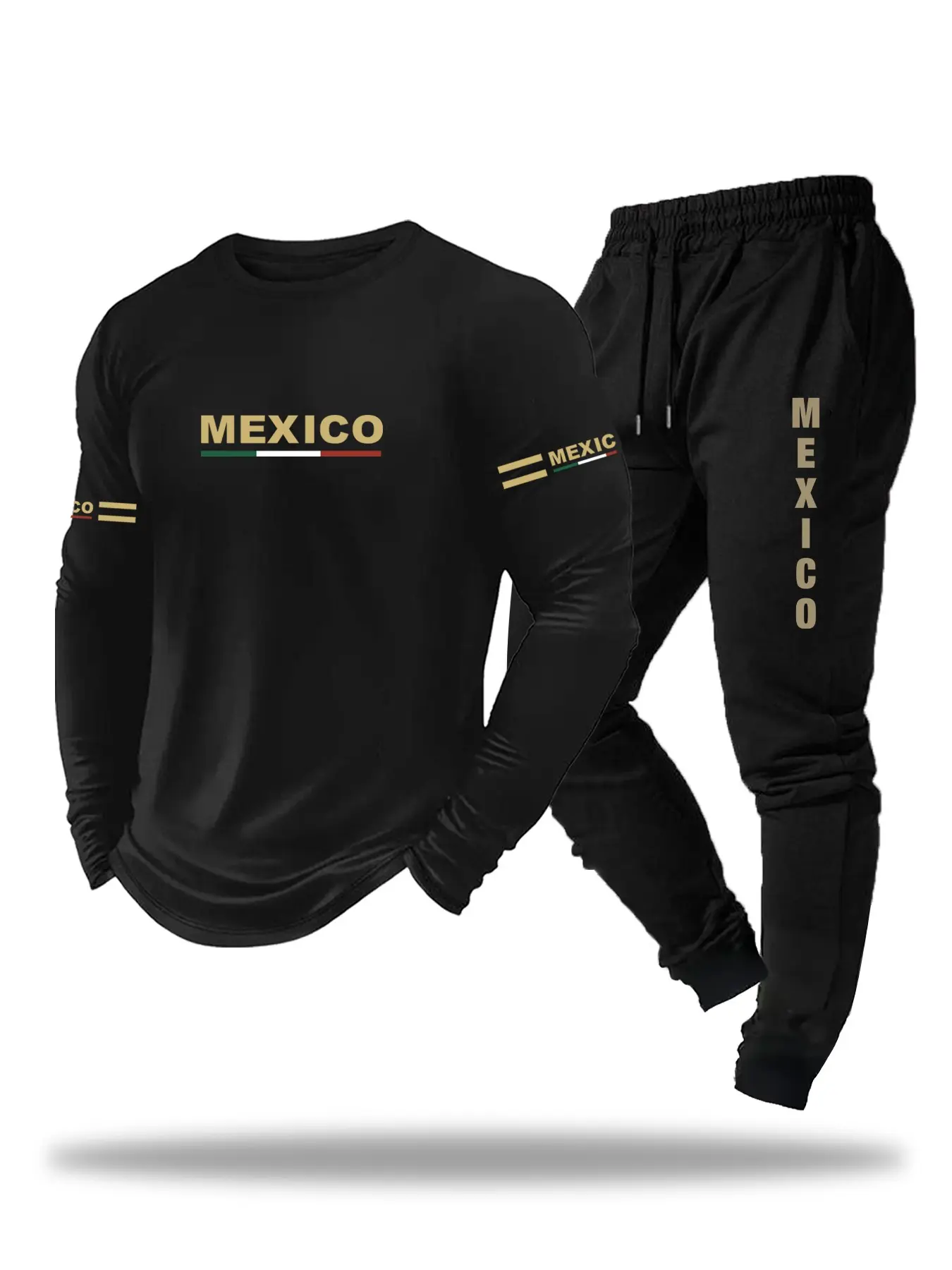 Men's Letter Print Long Sleeve Top and Drawstring Sweatpants Set, Eagle Design Mexico Letters, Casual Comfortable Daily Wear