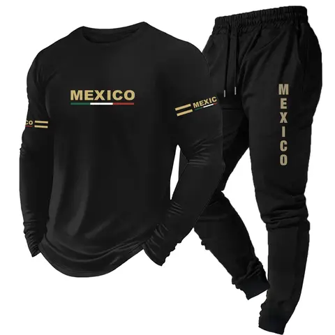 Men's Letter Print Long Sleeve Top and Drawstring Sweatpants Set, Mexico Letter Design, Casual Comfortable Daily Wear, Sweatsuit Lounge Sets