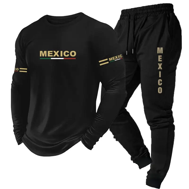 Men's Letter Print Long Sleeve Top and Drawstring Sweatpants Set, Mexico Letter Design, Casual Comfortable Daily Wear, Sweatsuit Lounge Sets
