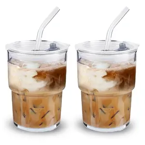 Yawbay 2PCS Glass Cups With Lids And Straws, Iced Coffee Cup,15Oz/450ml Iced Coffee Glasses Tumbler, Thick Wall Glass Mug For Tea Water, Matcha Cup Chirstmas Gifts (Clear, 2PCS)