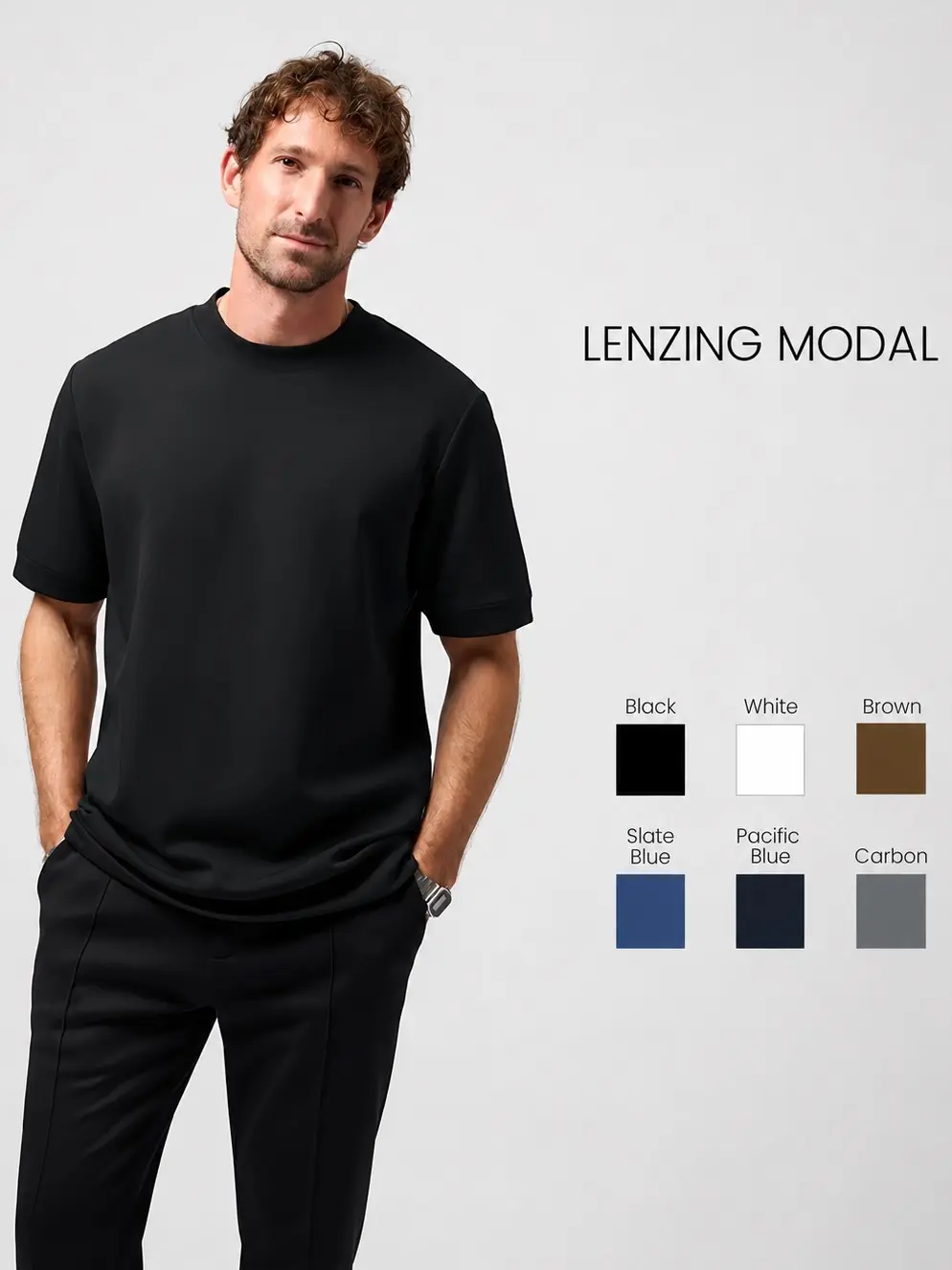 Fioboc Men's Modal T-shirt Business Casual Slim Fit No Ironing Wrinkle-Free Stretch Fabric Comfortable Slim Fit Tee for Running & Sports