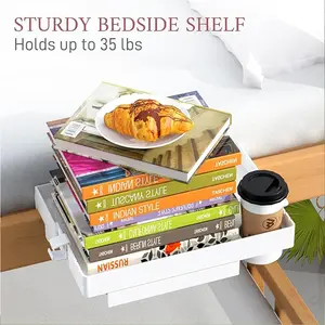 University dormitory with drawer bedside table, shelf clips on bedside table tray, University dormitory bedroom, normal size