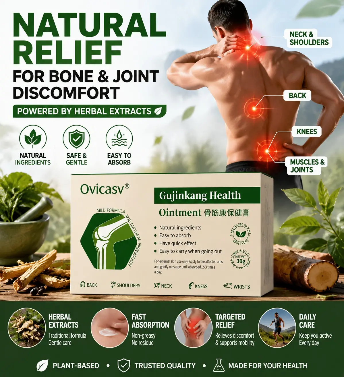 [Buy 1 Get 1 Free]Ovicasv Joint & Muscle Relief Cream – Natural Herbal Soothing Ointment for Back, Neck, Shoulder, Knee & Wrist Pain, Fast-Absorbing Non-Greasy Balm for Arthritis Discomfort, Plant-Based Recovery Cream for Office Workers, 30g