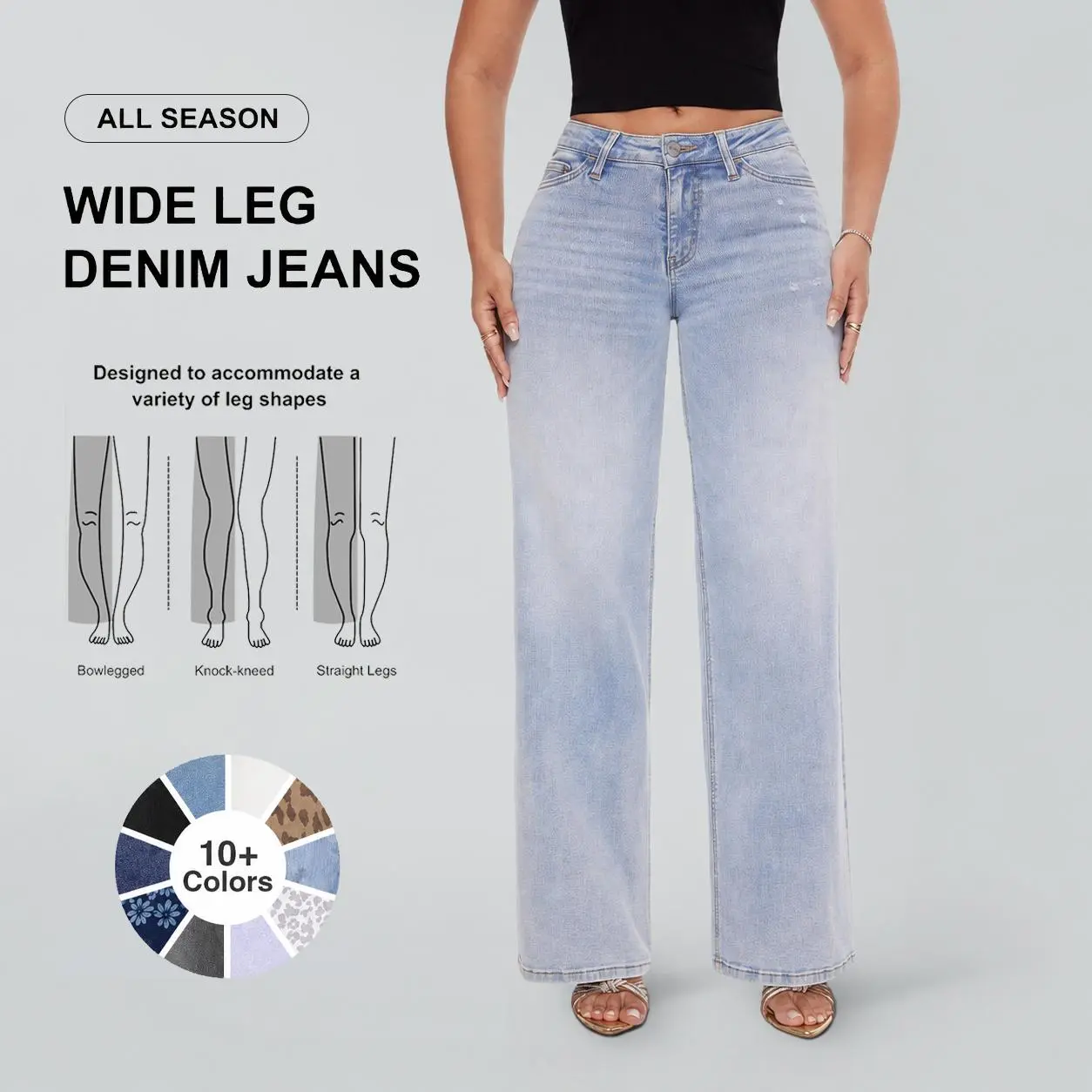 Magic ONESO Mid-Low Rise Baggy Wide Leg Jeans for Women Stretch Denim Y2K Streetwear Distressed Lady Basic Minimalist Jeans 8001 Curve Hugging Tummy Control BBL Plus Size Regular Fit Casual Daily Outfit