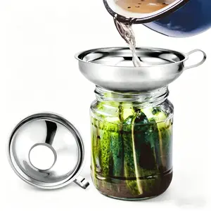 One wide-mouth stainless steel funnel for wide and regular jars, used for transferring liquid jams, cereals, baking tools, kitchen utensils, and is easy to clean.