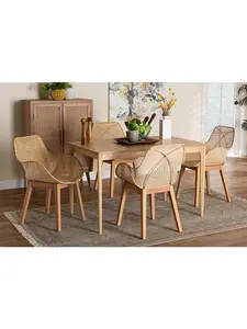 212 MAIN Japandi 5-Piece Dining Set - Ballerina Natural Brown Mahogany Wood & Rattan Furniture Set with Dining Table and Chairs